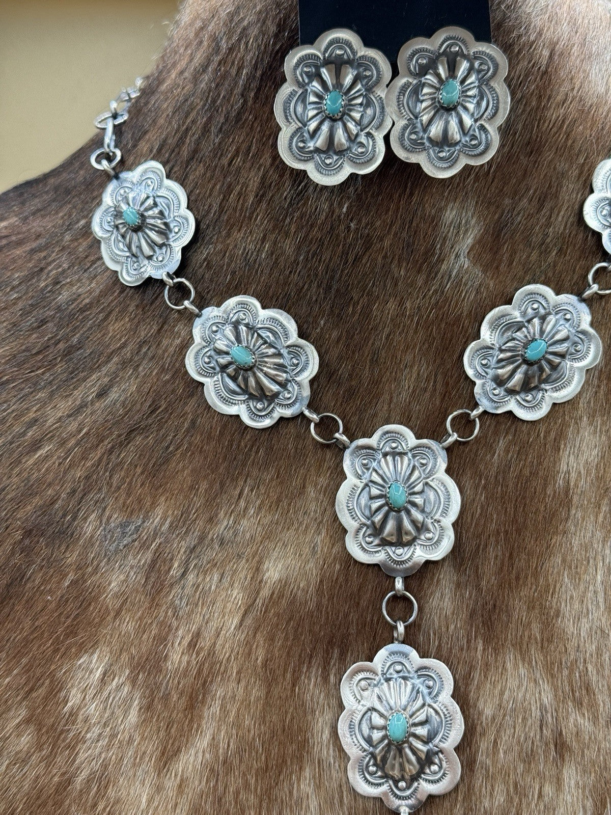 Navajo Handmade Sterling Silver Stamped Concho Turquoise Lariat Necklace Set 20”