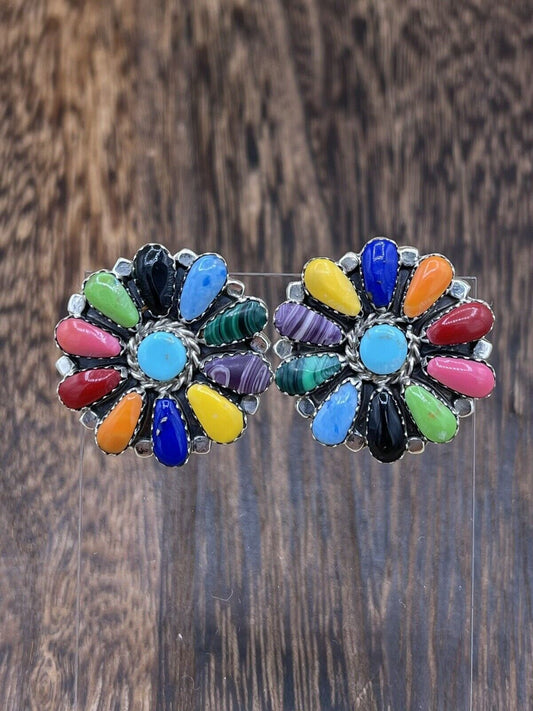 Native American Navajo Handmade Sterling Silver Multicolor Cluster Stud Earrings