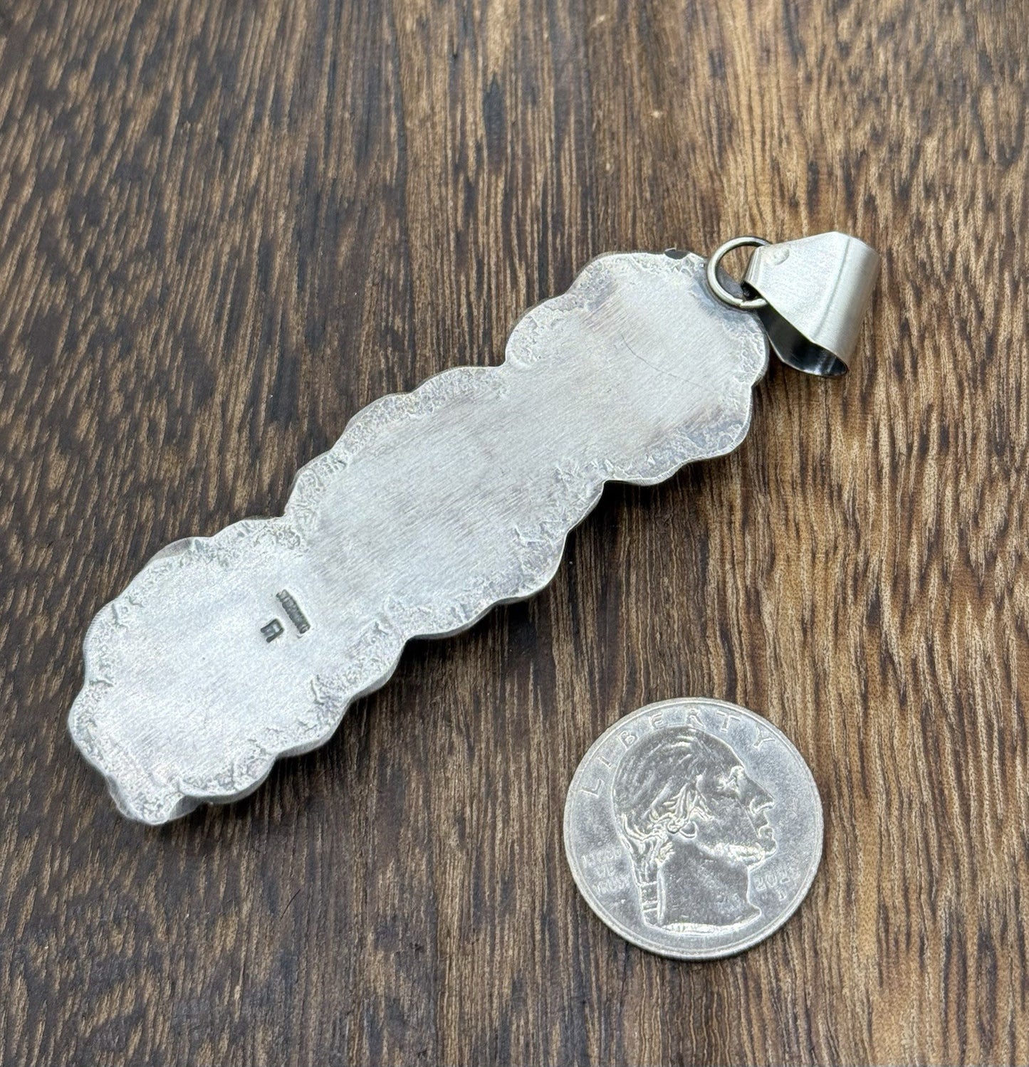 Native Navajo Handmade Sterling Silver Blue Bird Turquoise Stamped Drop Pendant