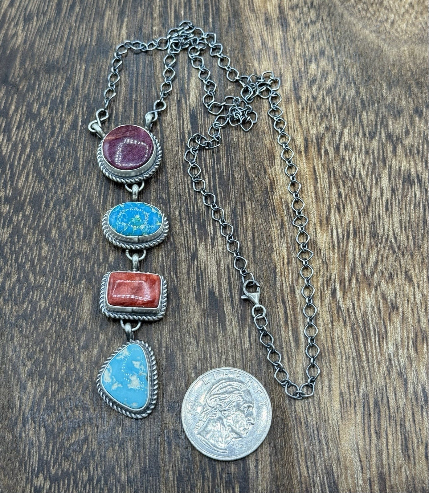 Navajo Handmade Sterling Silver Multi Color Mixed Stone Lariat Necklace 18”