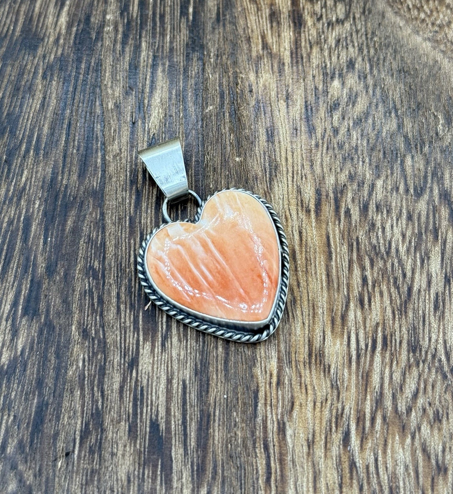 Navajo Handmade Sterling Silver Orange Spiny Oyster Shell Heart Shaped Pendant