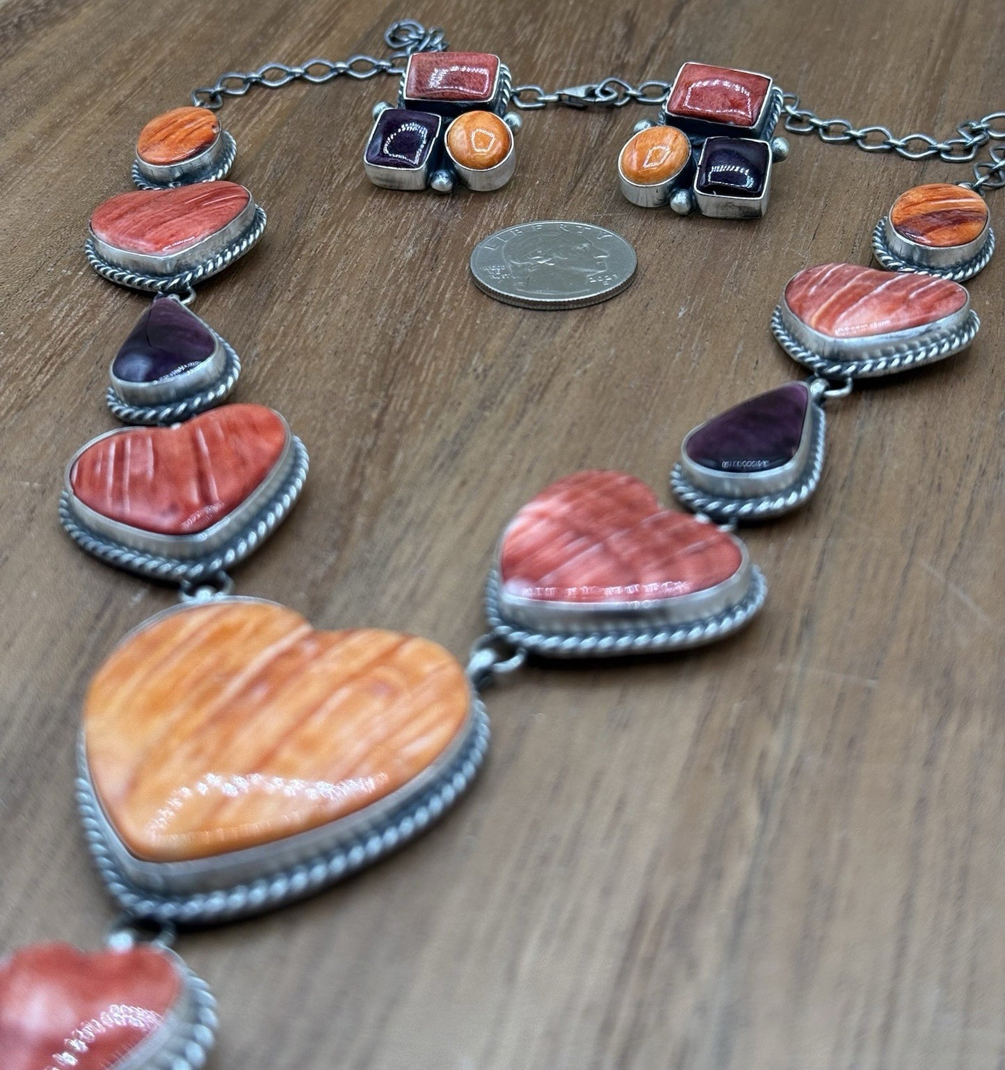 Navajo Handmade Sterling Silver Multi Spiny Oyster Shell Cluster Lariat Necklace