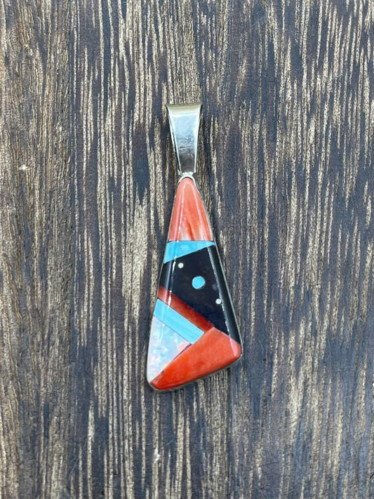 Native American Navajo Handmade Sterling Silver Multi Stone Inlay Pendant