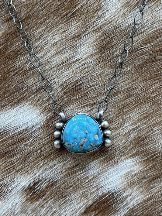 Native American Navajo Handmade Silver Kingman Turquoise Bar Necklace 18”