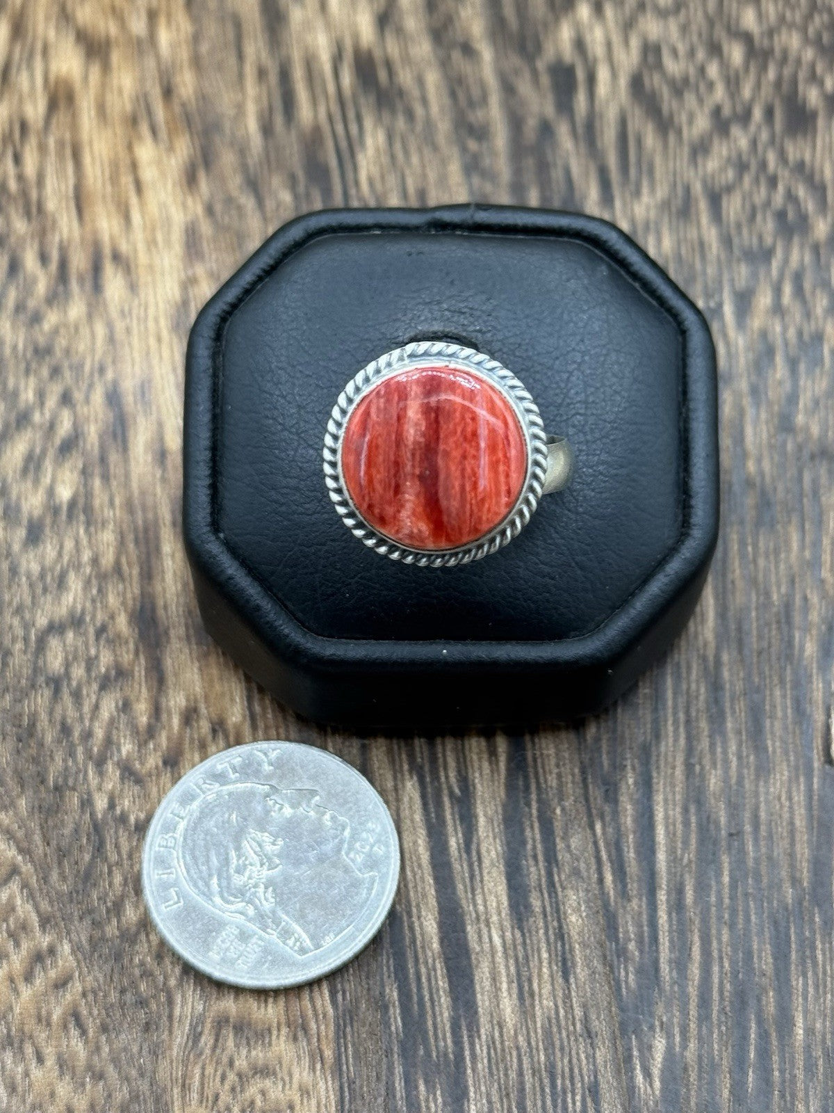 Navajo Handmade Sterling Silver Red Spiny Oyster Adjustable Ring Size 7 - 10