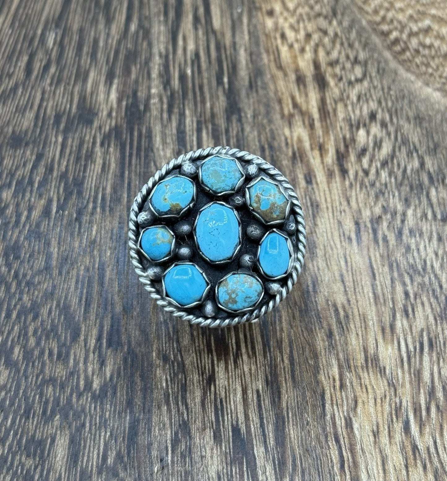 Navajo Handmade Sterling Silver Kingman Turquoise Adjustable Ring Size 7 To 9