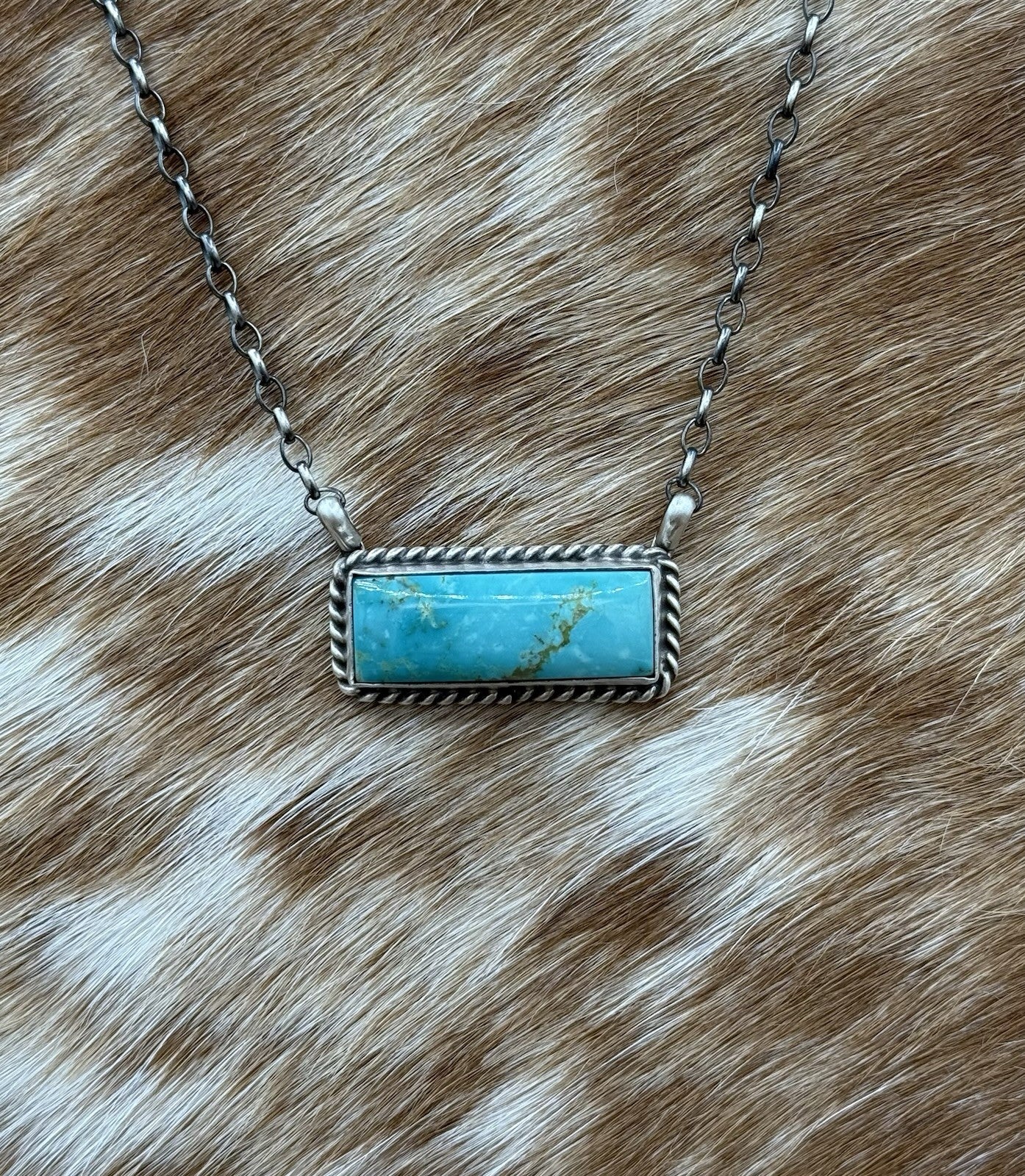 Native Navajo Handmade Sterling Silver Kingman Turquoise Bar Necklace 18”