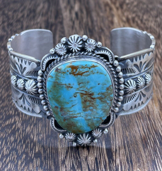 Native American Navajo Handmade Silver Kingman Turquoise Cuff Bracelet Bennie R.