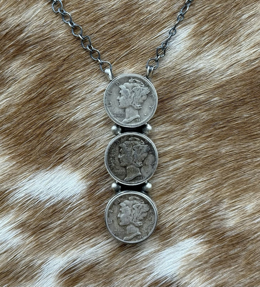 Navajo Handmade Sterling Silver Liberty Dime Cluster Bar Lariat Necklace 18”