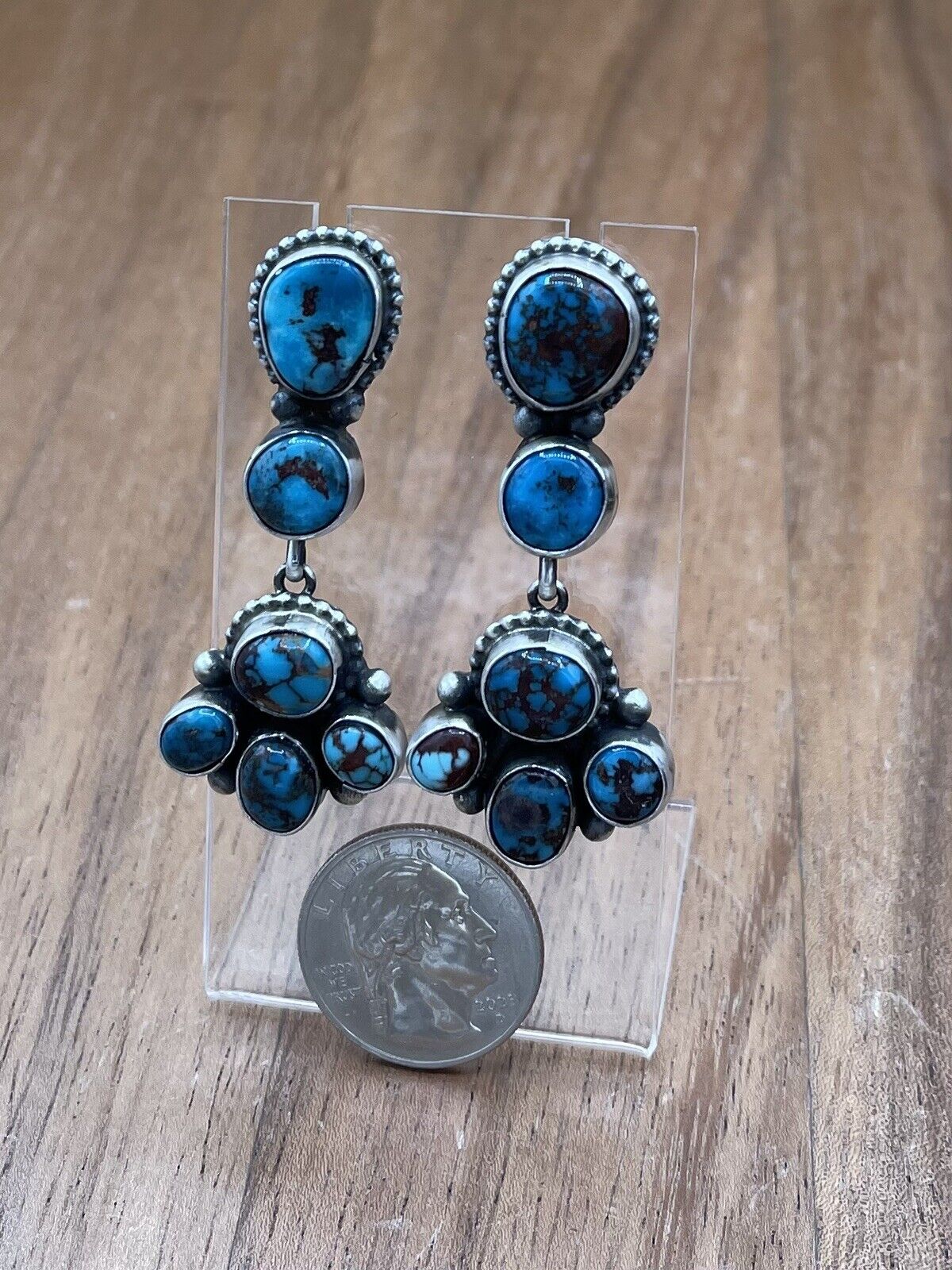 Native American Navajo Handmade Silver Persian Turquoise Dangle Cluster Earrings