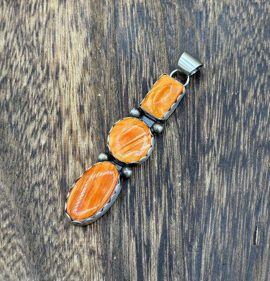 Navajo Handmade Sterling Silver Orange Spiny Oyster Cluster Drop Pendant