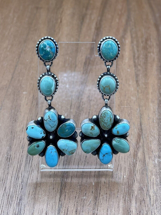 Native American Navajo Handmade Silver Kingman Turquoise Dangle Cluster Earrings