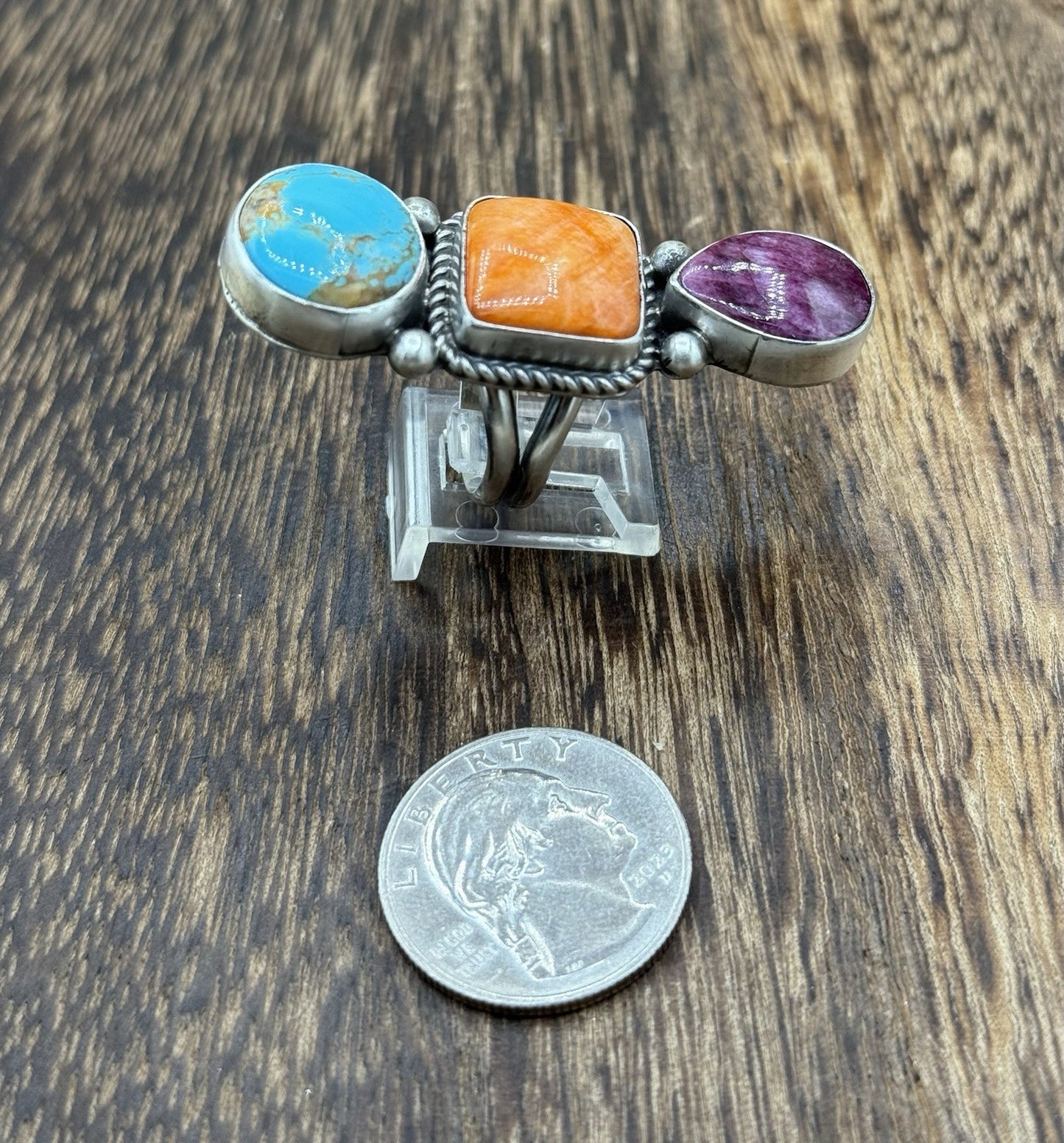 Native Navajo Handmade Sterling Silver Mixed Stone Turquoise Cluster Ring Size 8