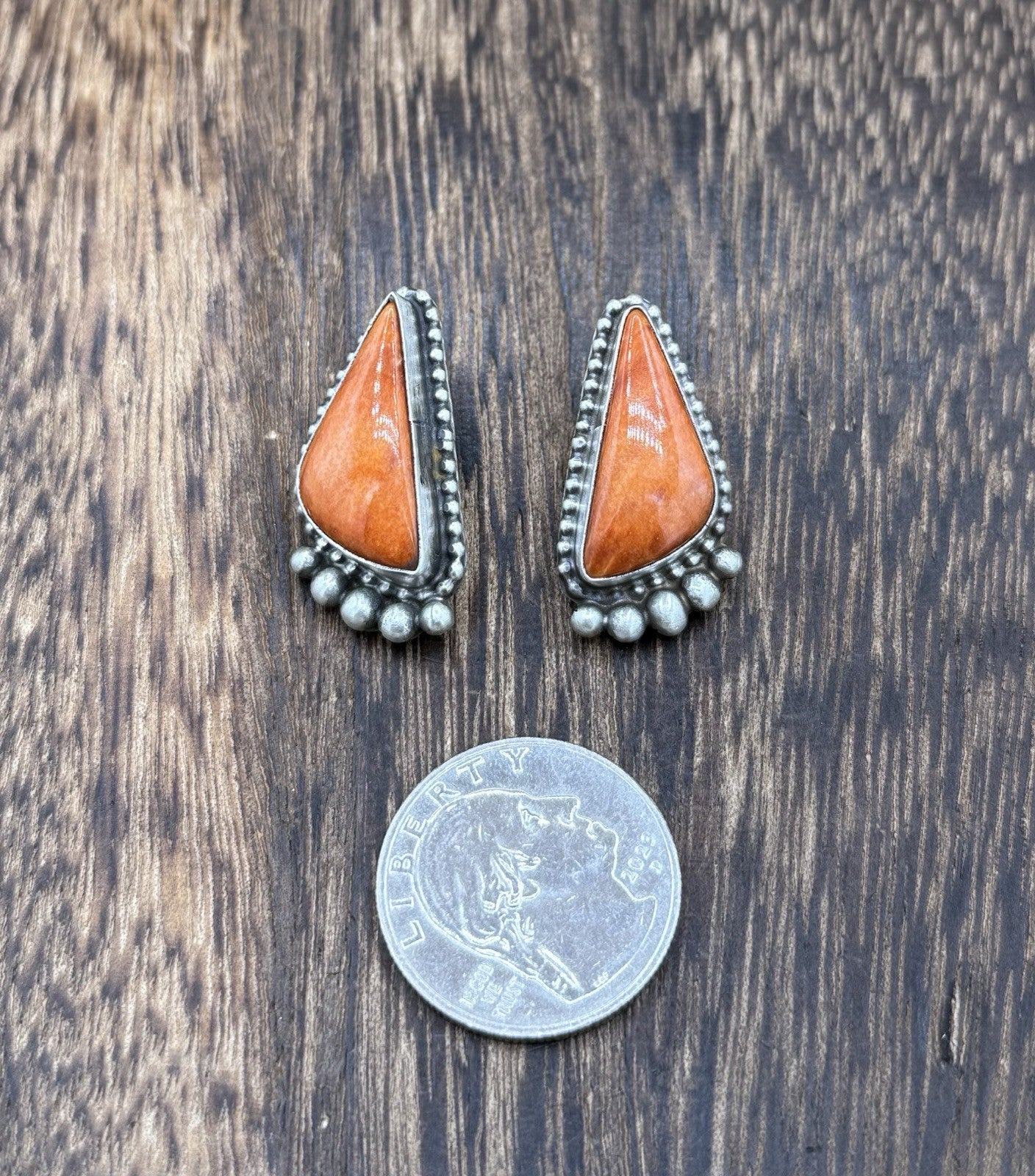 Native Navajo Handmade Sterling Silver Orange Spiny Oyster Post Stud Earrings