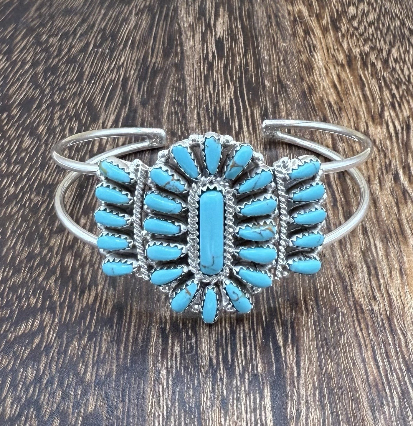 Navajo Handmade Sterling Silver Turquoise Traditional Cluster Cuff Bracelet