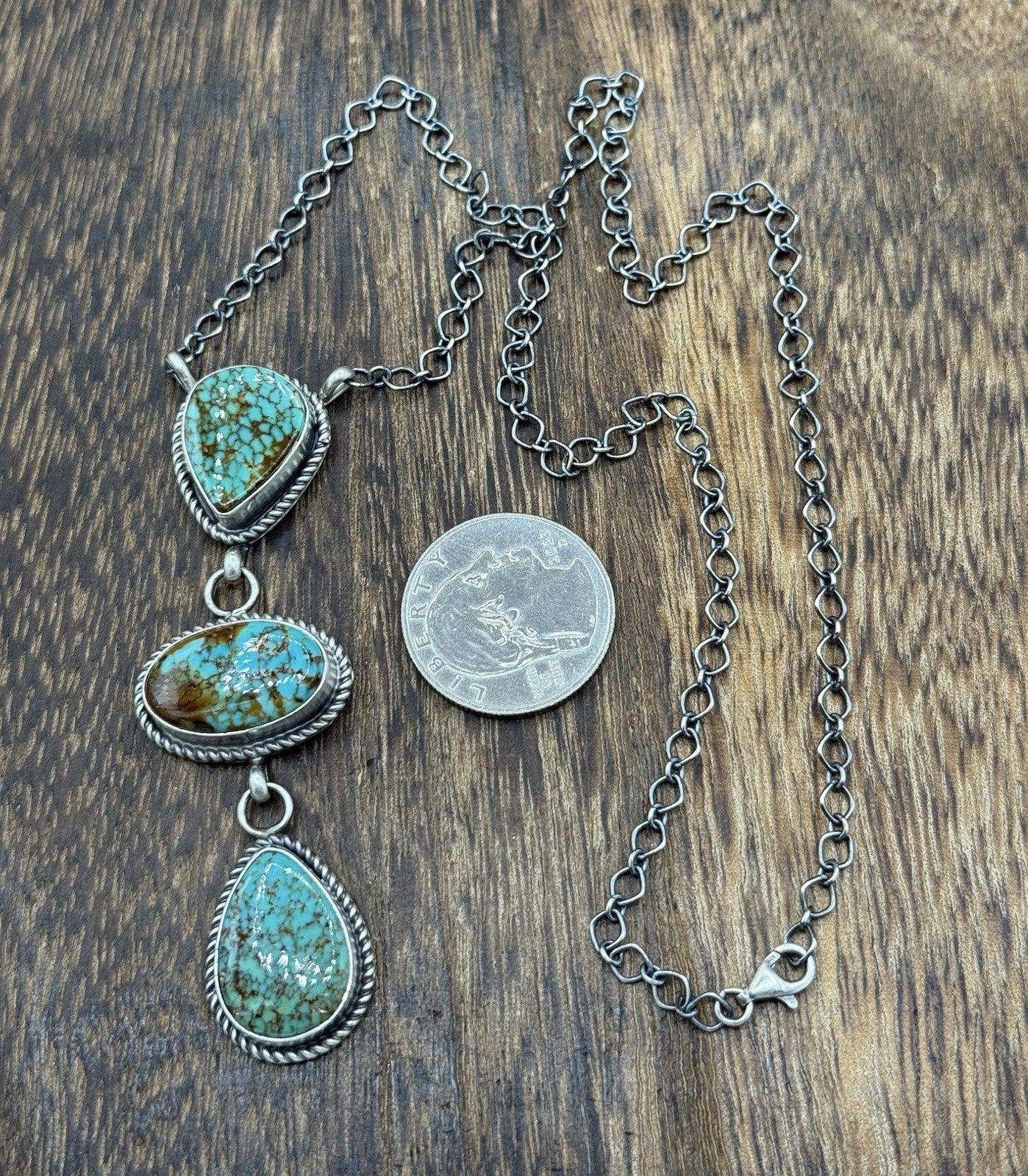 Native Navajo Handmade Sterling Silver Kingman Turquoise Lariat Necklace 18”