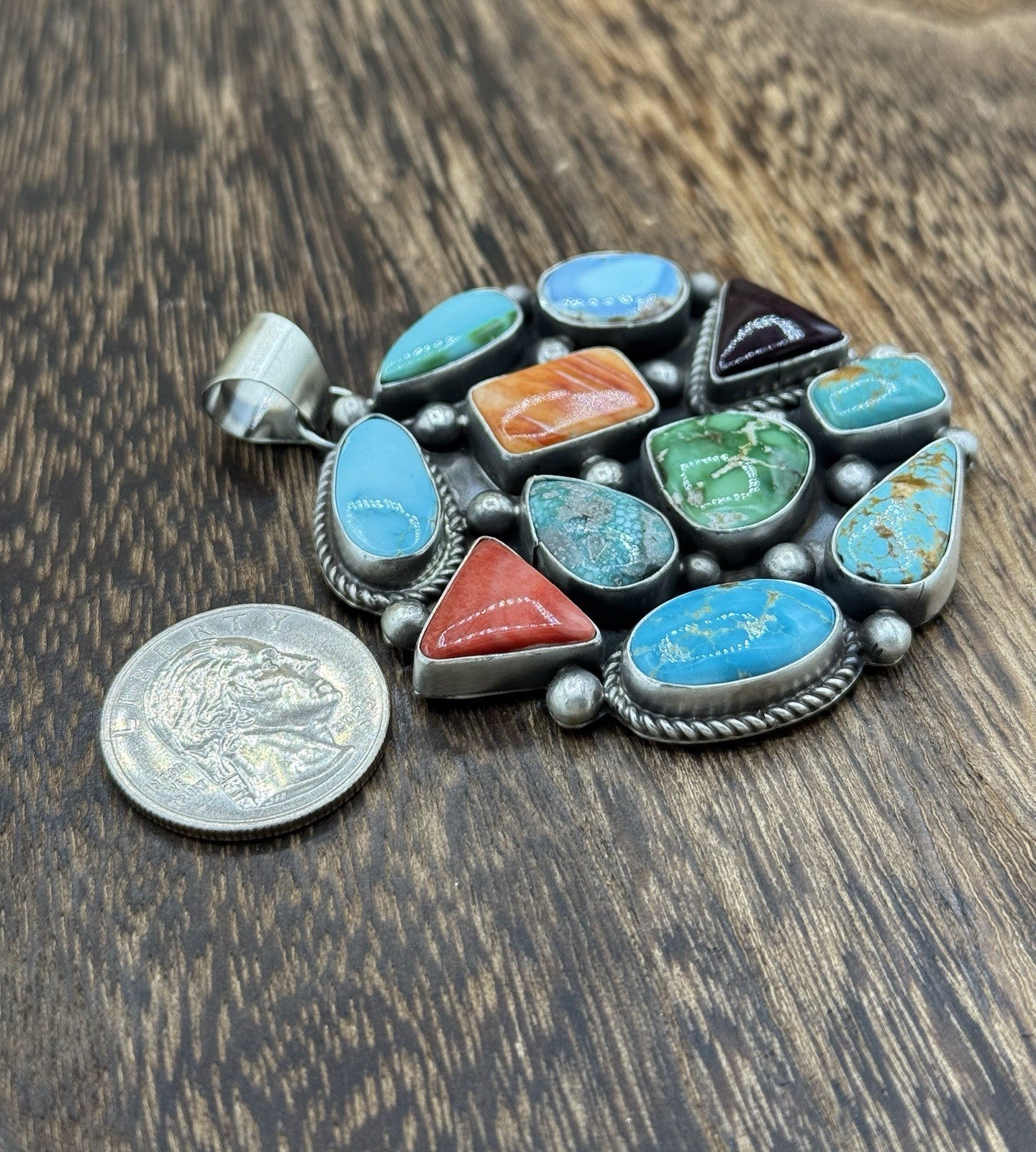 Navajo Handmade Sterling Silver Mixed Turquoise Spiny Large Cluster Pendant