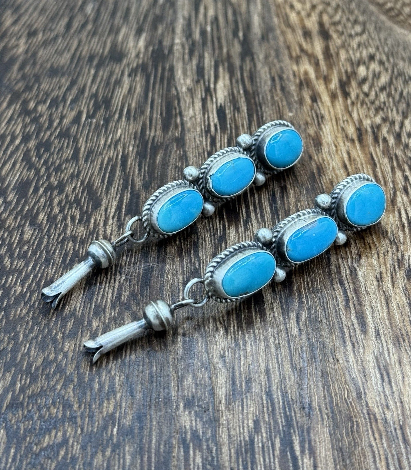 Navajo Handmade Sterling Silver Kingman Turquoise Blossom Post Dangle Earrings