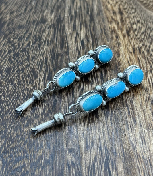 Navajo Handmade Sterling Silver Kingman Turquoise Blossom Post Dangle Earrings