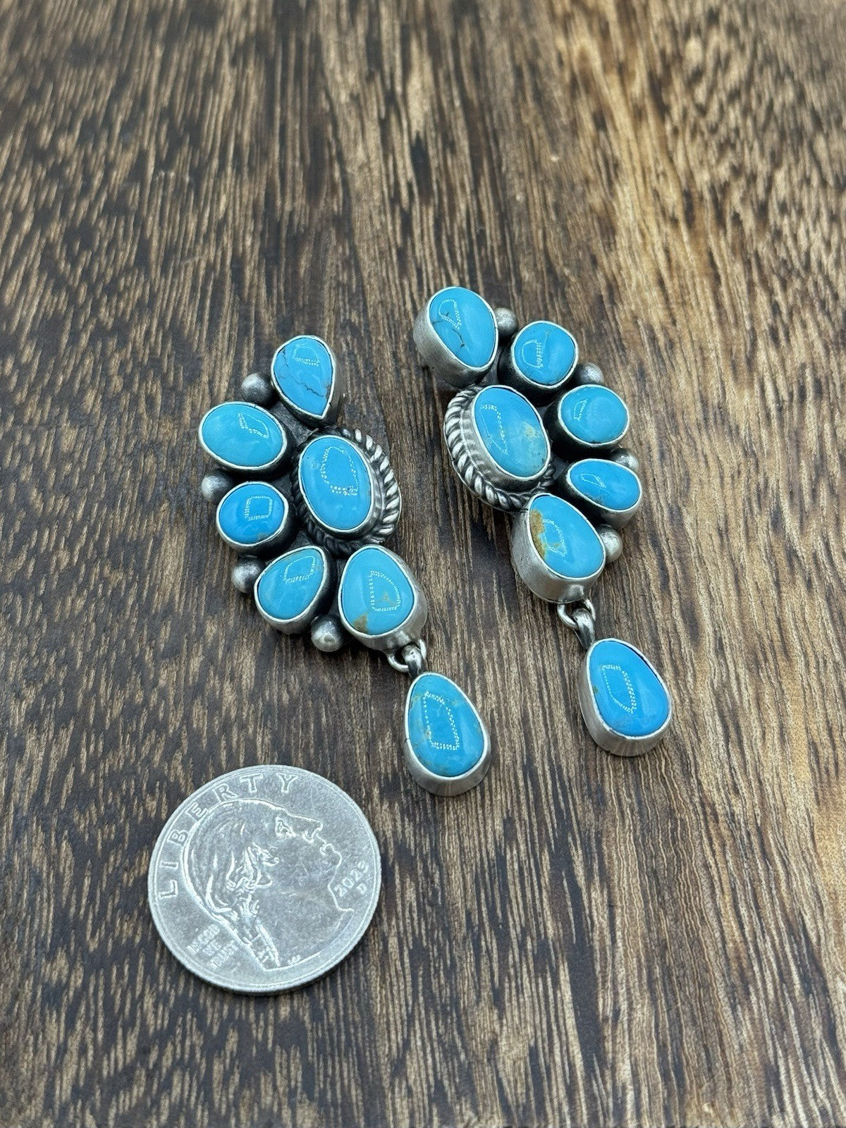 Navajo Handmade Sterling Silver Kingman Turquoise Half Cluster Drop Earrings