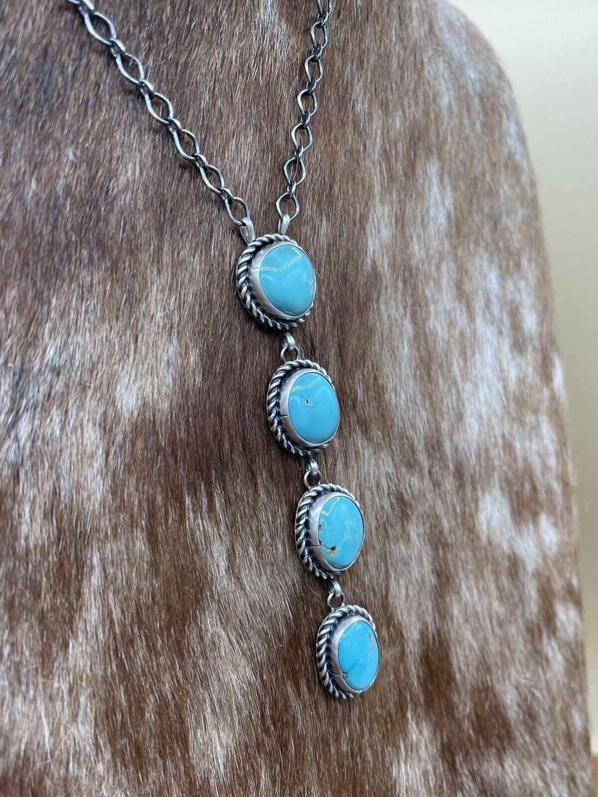 Native American Navajo Handmade Silver Kingman Turquoise Drop Bar Necklace 18”