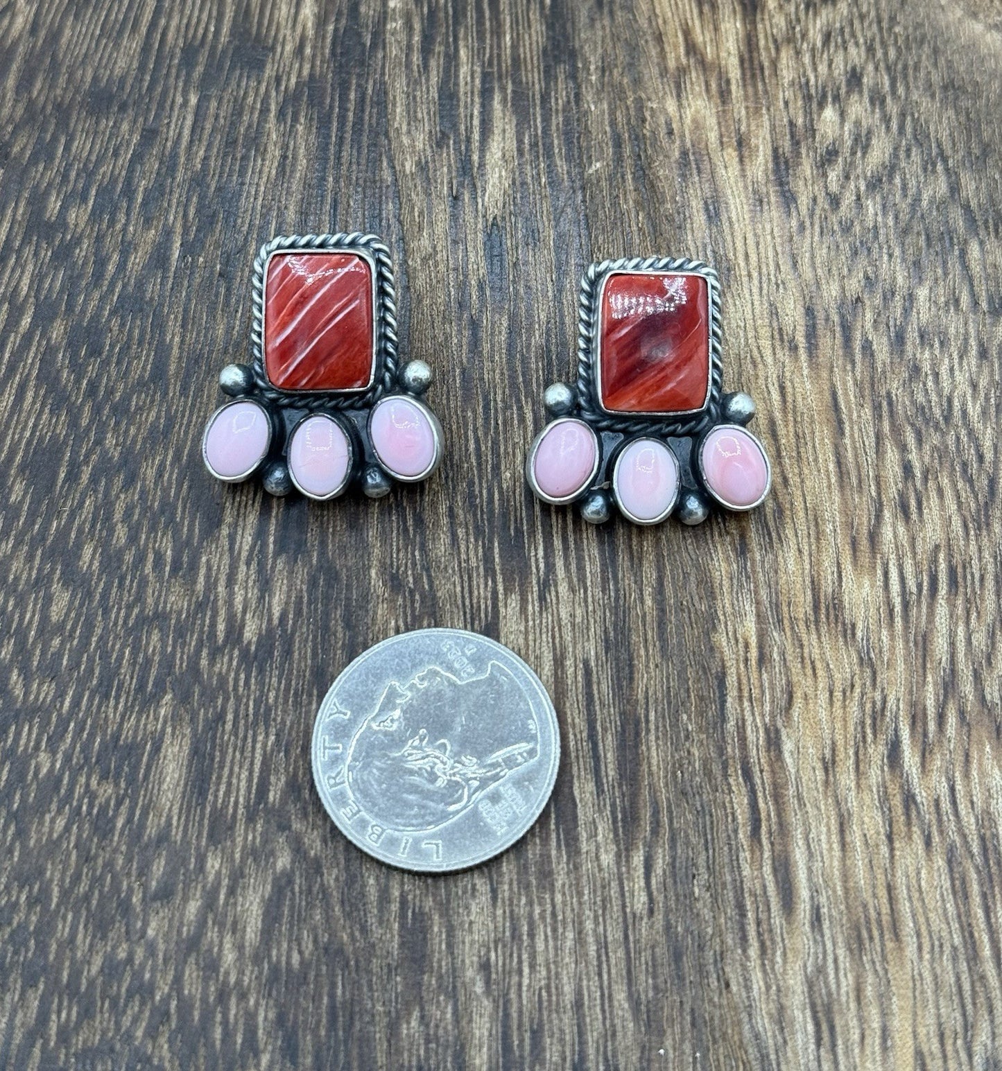 Navajo Handmade Sterling Silver Multi Color Spiny Pink Shell Cluster Earrings