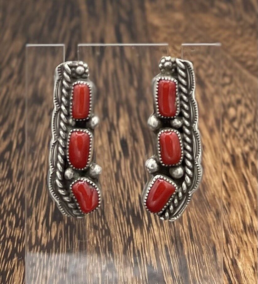 Native American Sterling Silver Navajo Handmade Red Coral Necklace Set