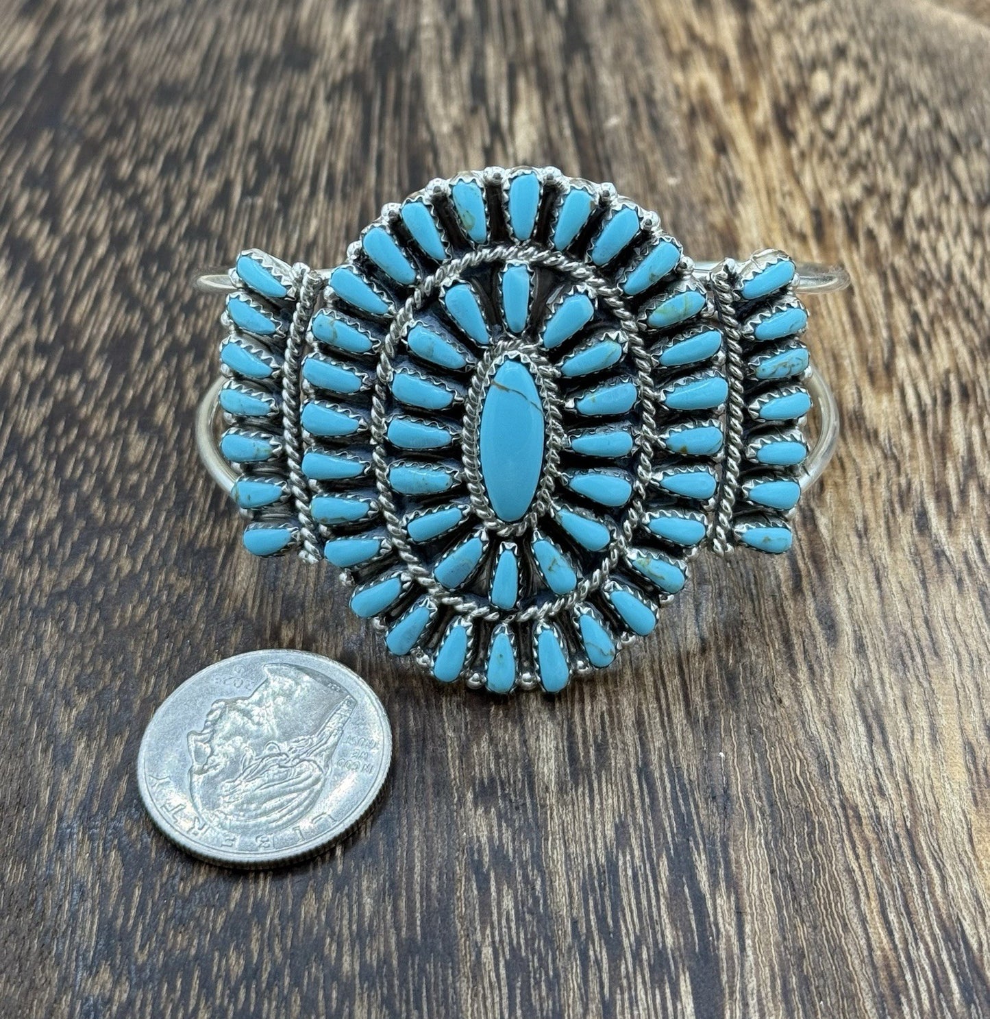 Native American Navajo Handmade Sterling Silver Turquoise Cluster Cuff Bracelet