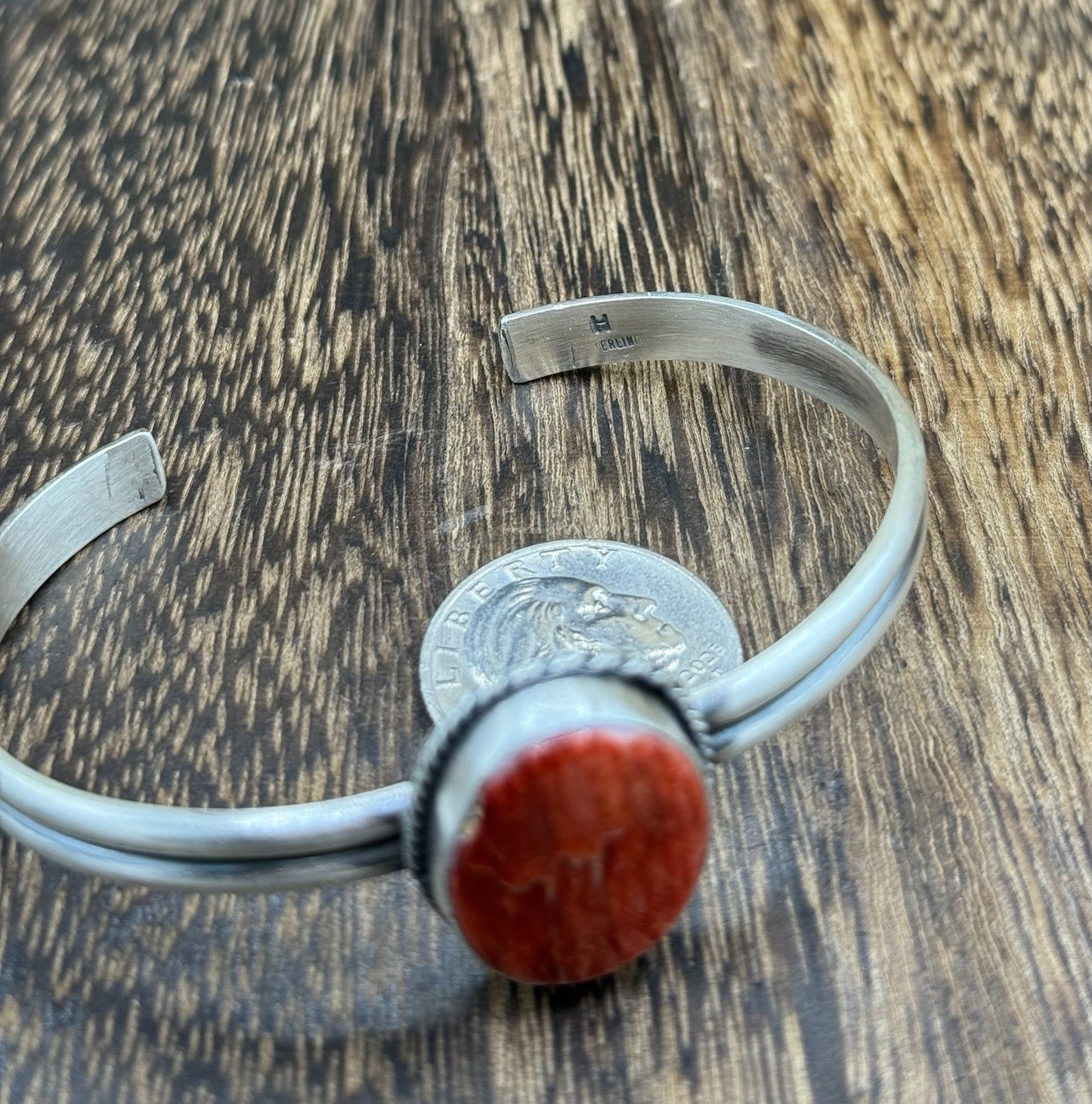 Navajo Handmade Sterling Silver Red Spiny Oyster Stacker Cuff Bracelet