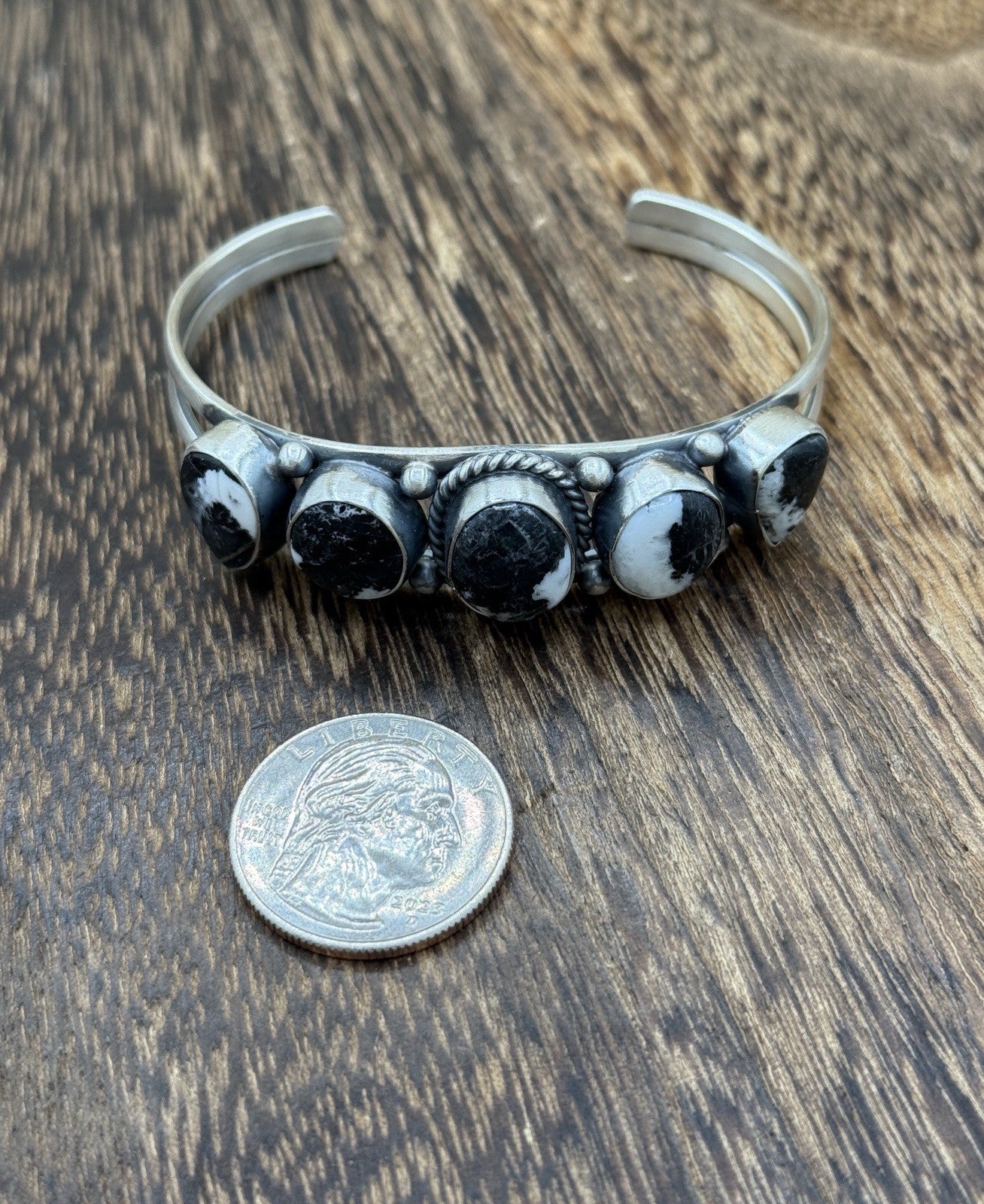 Navajo Handmade Sterling Silver White Buffalo Stacker Cluster Cuff Bracelet