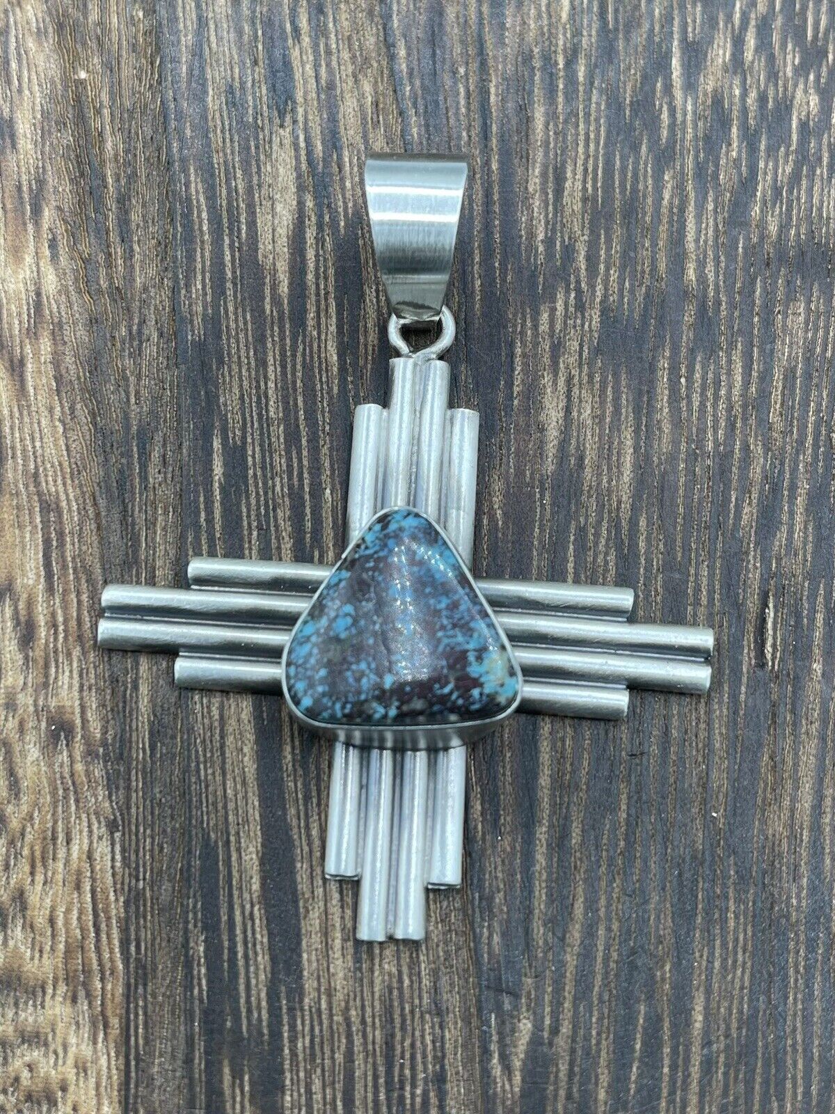 Native American Sterling Silver Navajo Handmade Turquoise Zia Pendant -Betta Lee