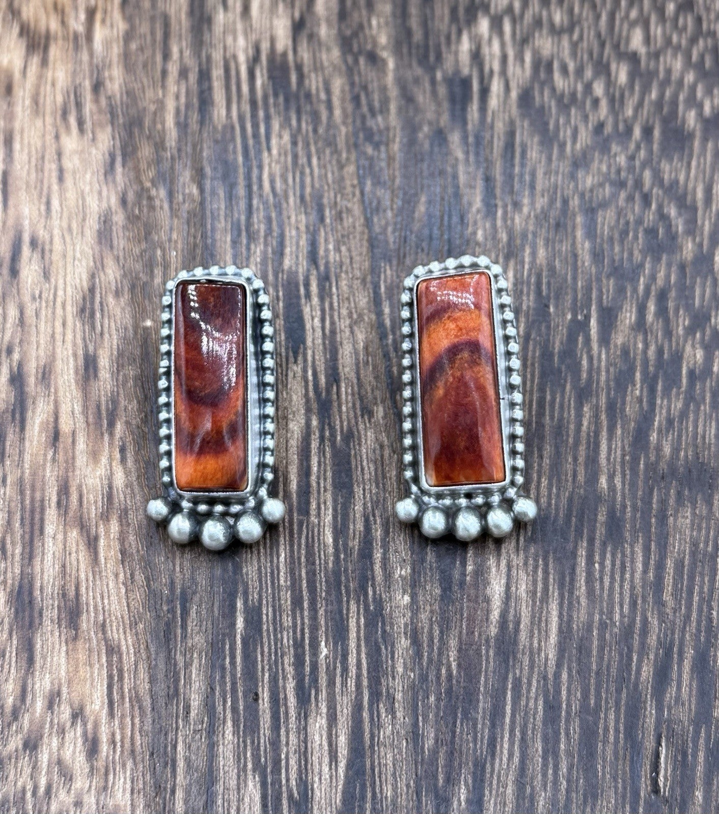 Native Navajo Handmade Sterling Silver Orange Spiny Oyster Post Stud Earrings