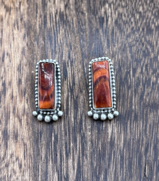 Native Navajo Handmade Sterling Silver Orange Spiny Oyster Post Stud Earrings