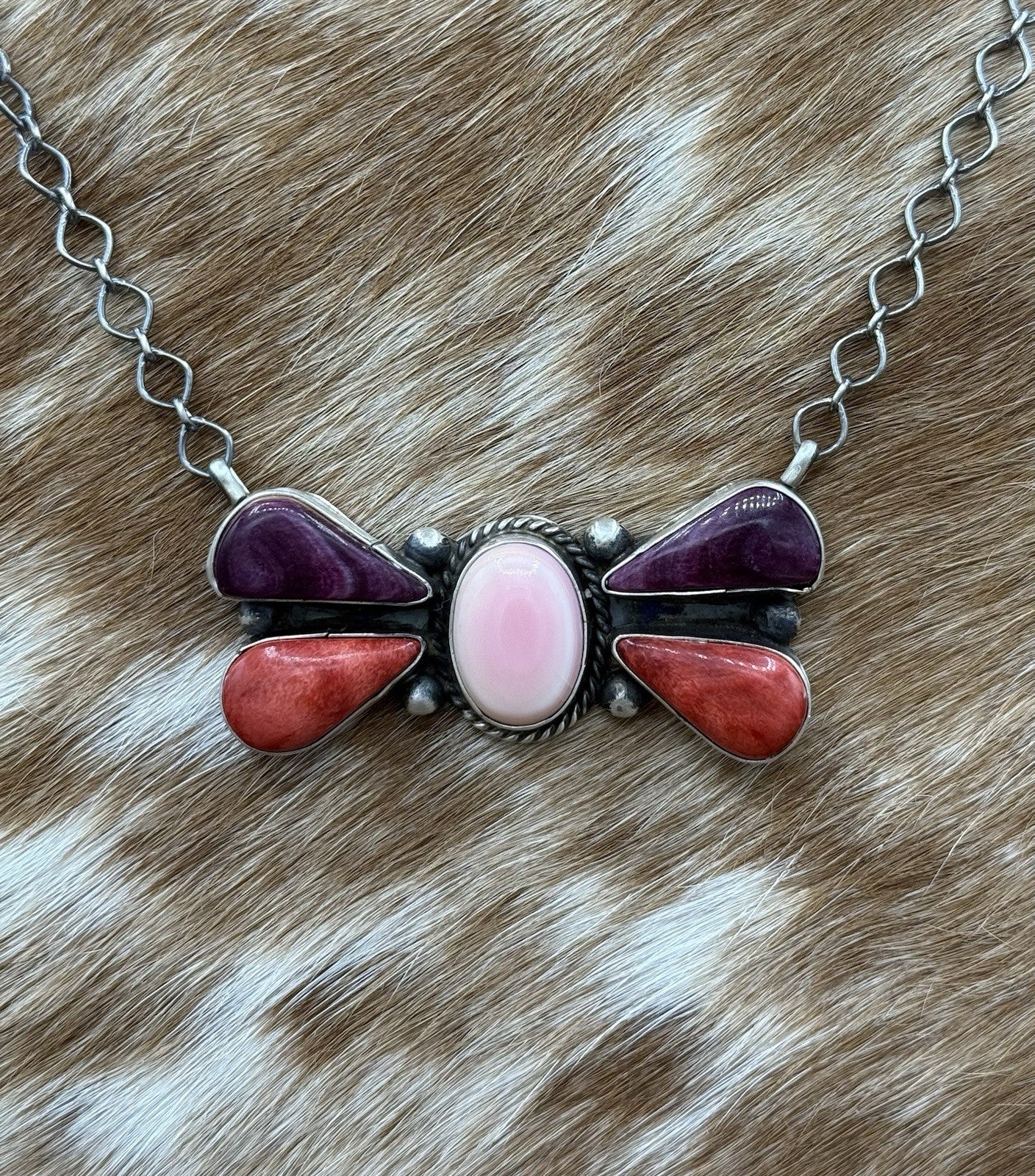 Navajo Handmade Sterling Silver Multi Stone Color Cluster Bar Necklace 18”