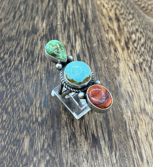 Native Navajo Handmade Sterling Silver Mixed Stone Turquoise Cluster Ring Size 7