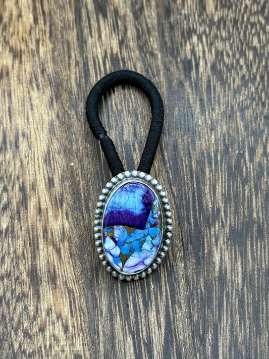 Native Navajo Handmade Sterling Silver Violet Rose & Blue Dahlia Hair Tie