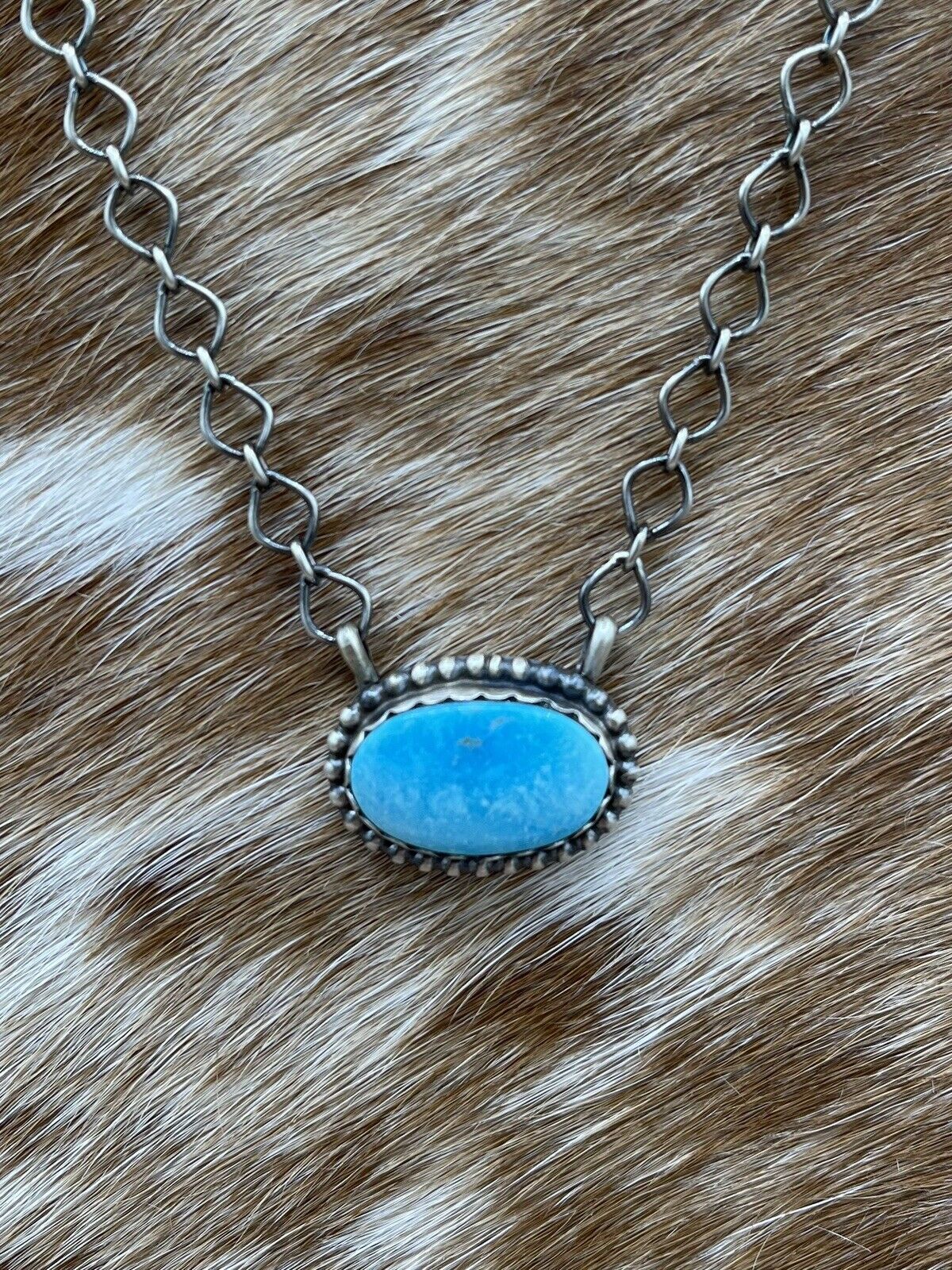 Native American Navajo Handmade Sterling Silver Turquoise Bar Necklace 18”