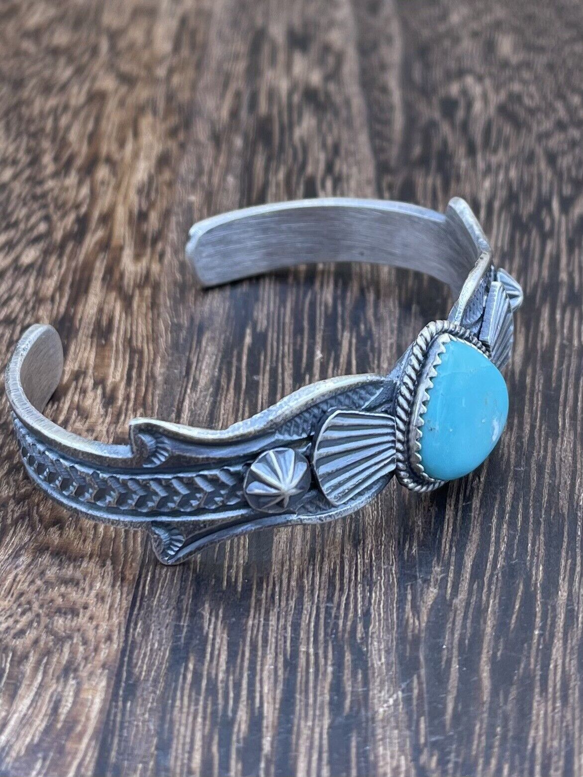 Native American Navajo Handmade Silver Kingman Turquoise Old look Bracelet