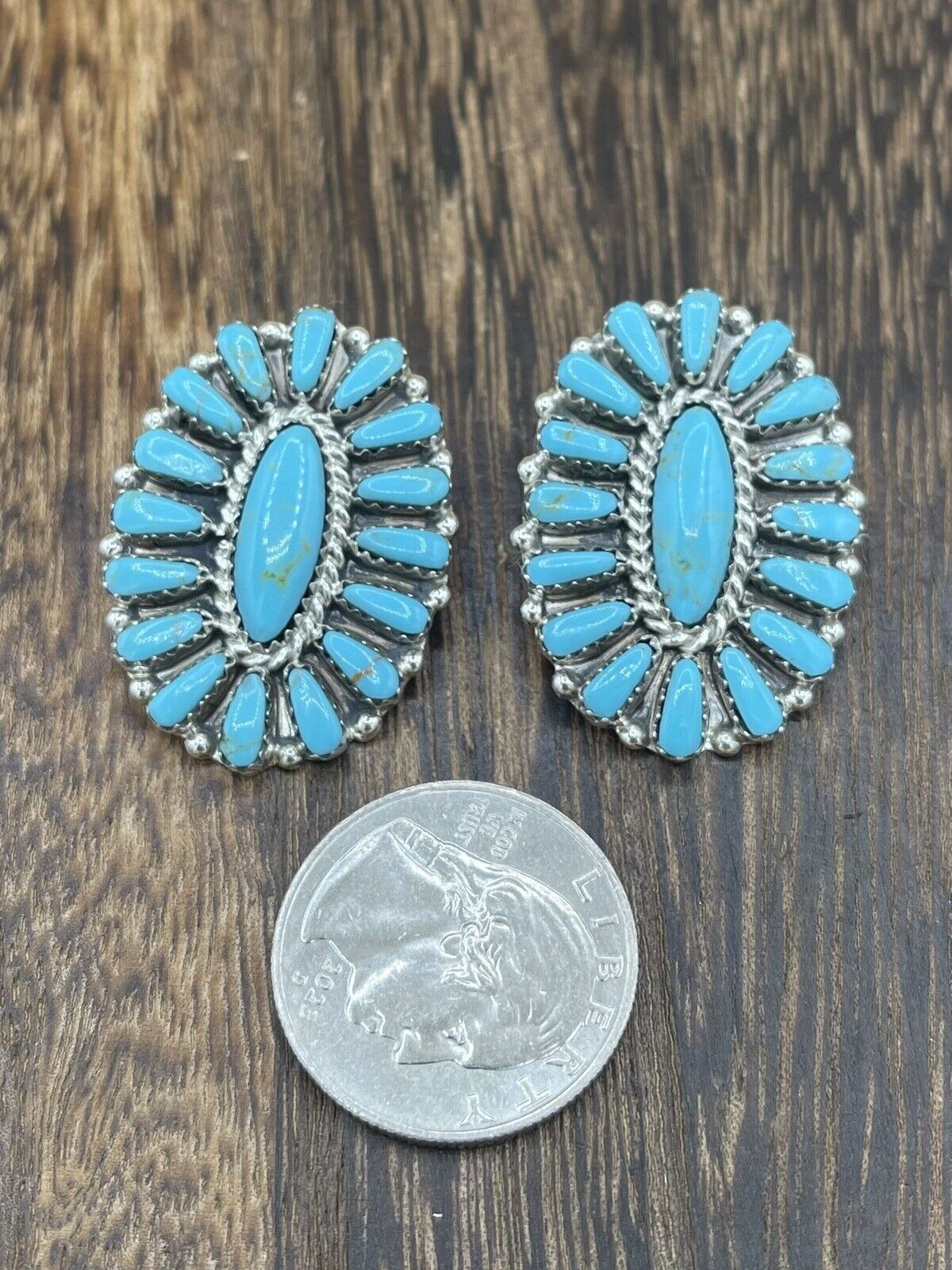 Native American Navajo Handmade Sterling Silver Turquoise Cluster Stud Earrings