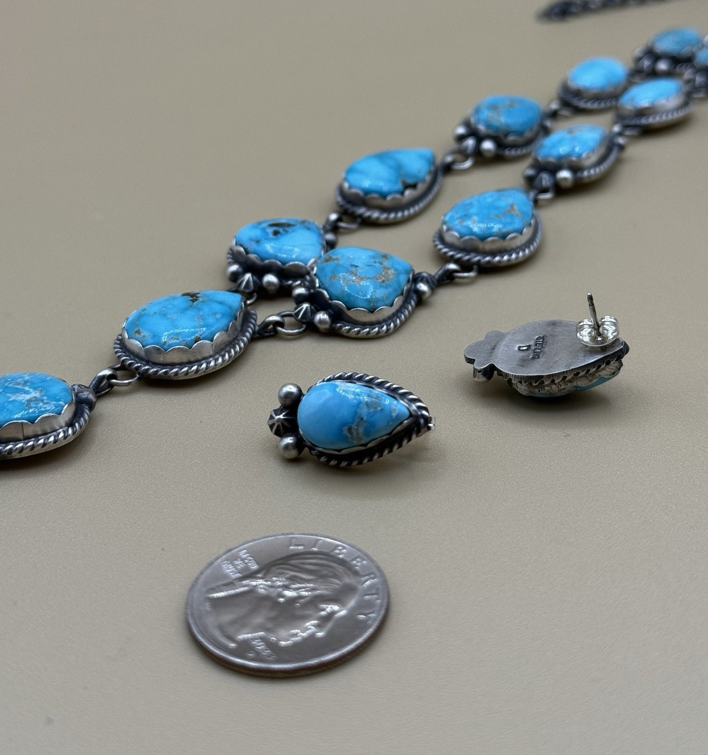 Native Navajo Handmade Sterling Silver Blue Bird Turquoise Y Lariat Necklace 24”