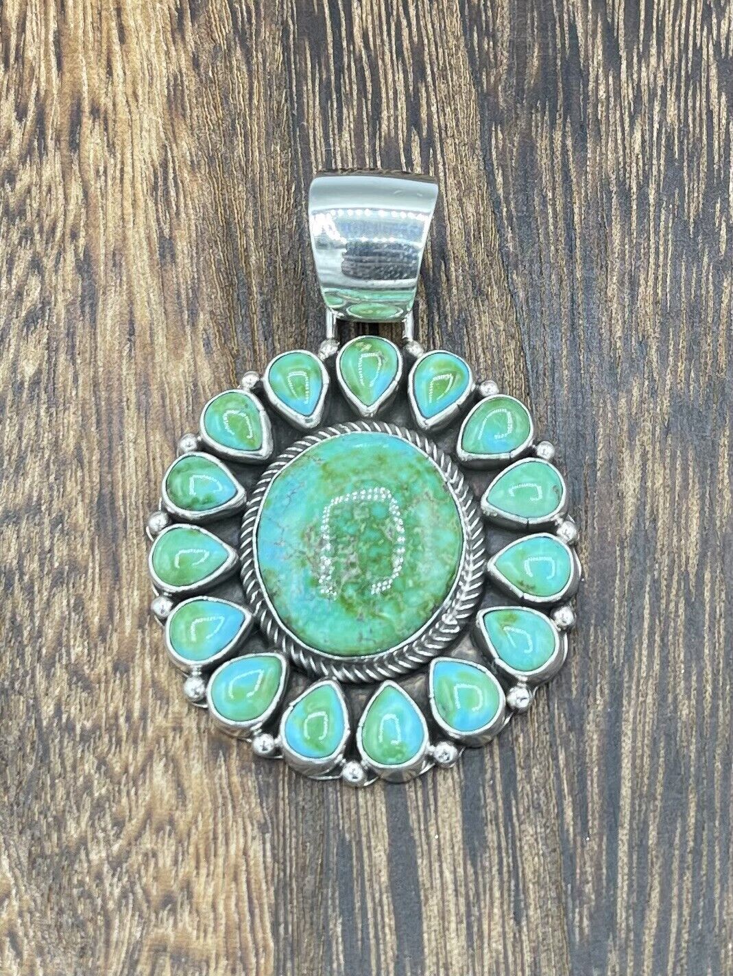 Native American Sterling Silver Navajo Handmade Natural Turquoise Pendant