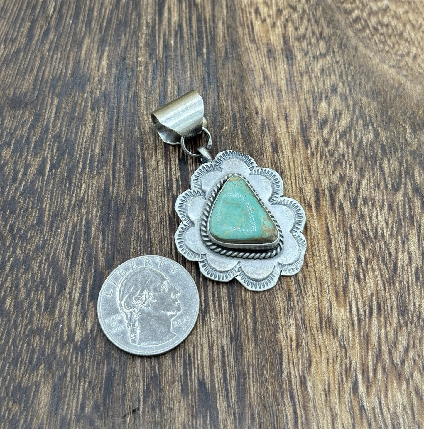 Navajo Handmade Sterling Silver Royston Turquoise Stamped Design Drop Pendant