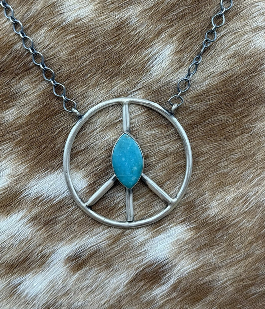 Native American Navajo handmade Sterling Silver Turquoise Peace Hippie Necklace