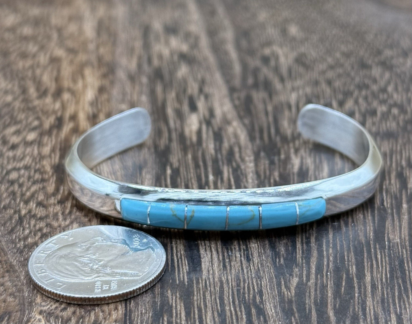 Navajo Handmade Sterling Silver Kingman Turquoise Inlay Bracelet Martha Living.