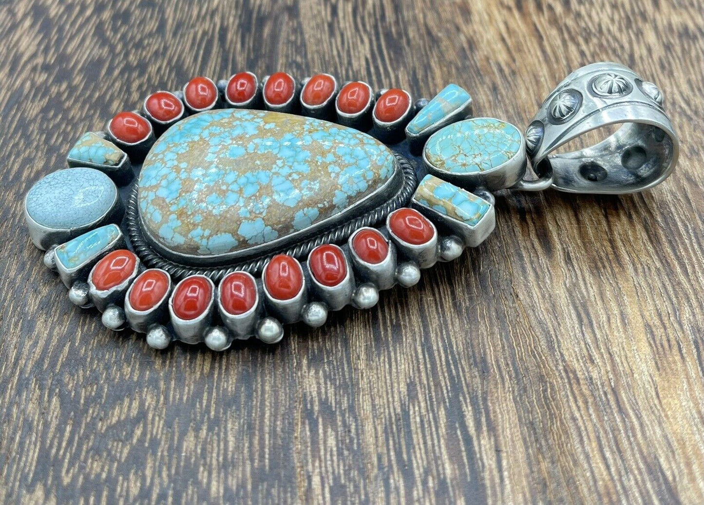 Native American Indian Navajo Handmade Silver Turquoise & Coral Cluster Pendant