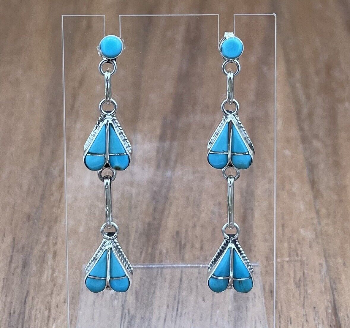 Native American Zuni Handmade Silver Inlay Turquoise Post Dangle Drop Earrings