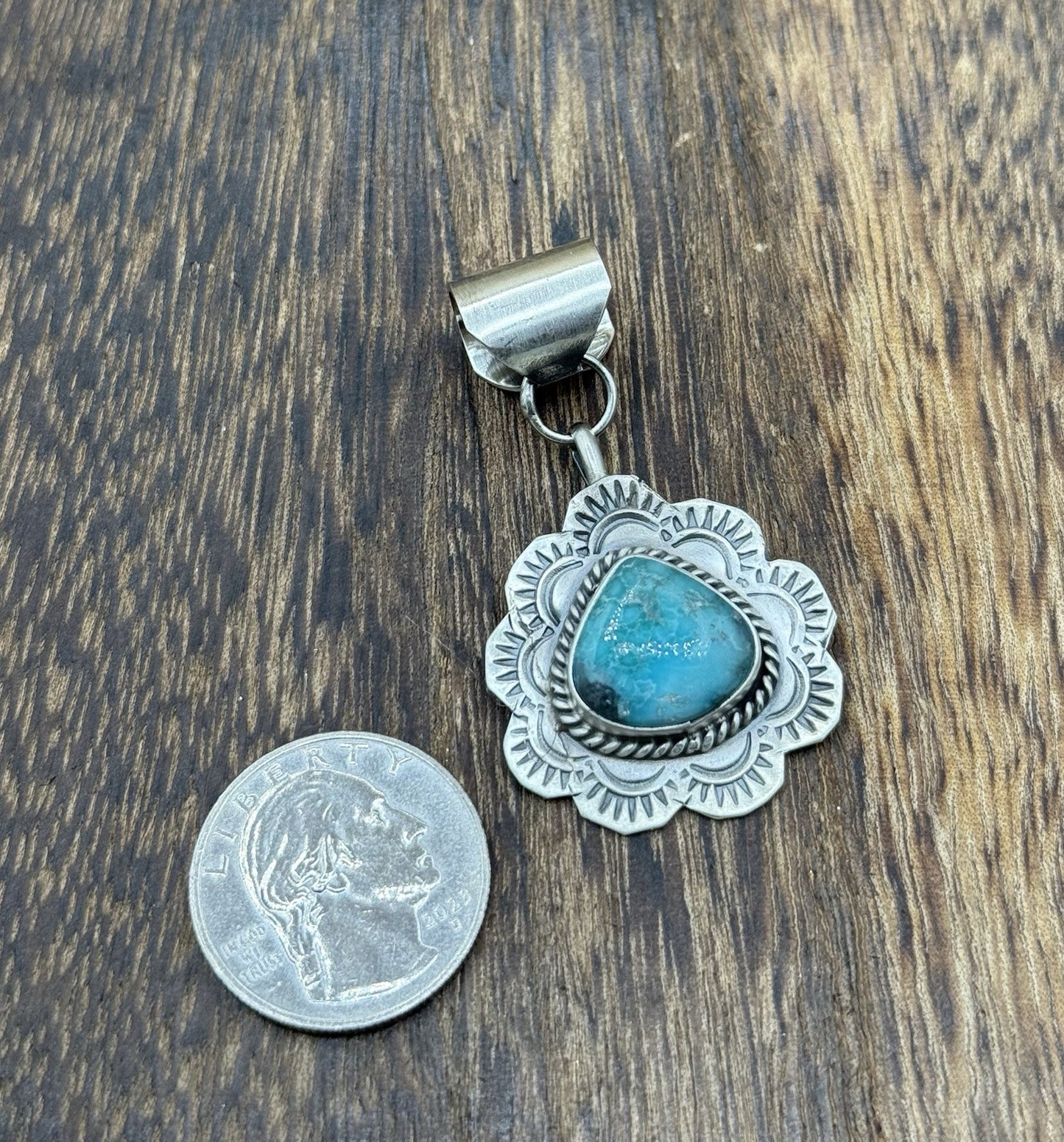 Navajo Handmade Sterling Silver Blue Bird Turquoise Stamped Design Drop Pendant