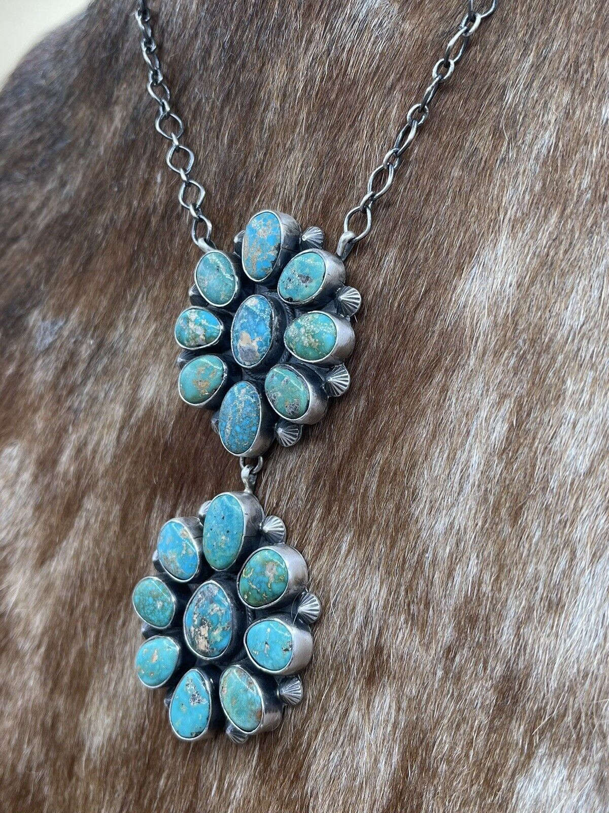 Native American Navajo Handmade Silver Sonoran Gold Turquoise Cluster Necklace