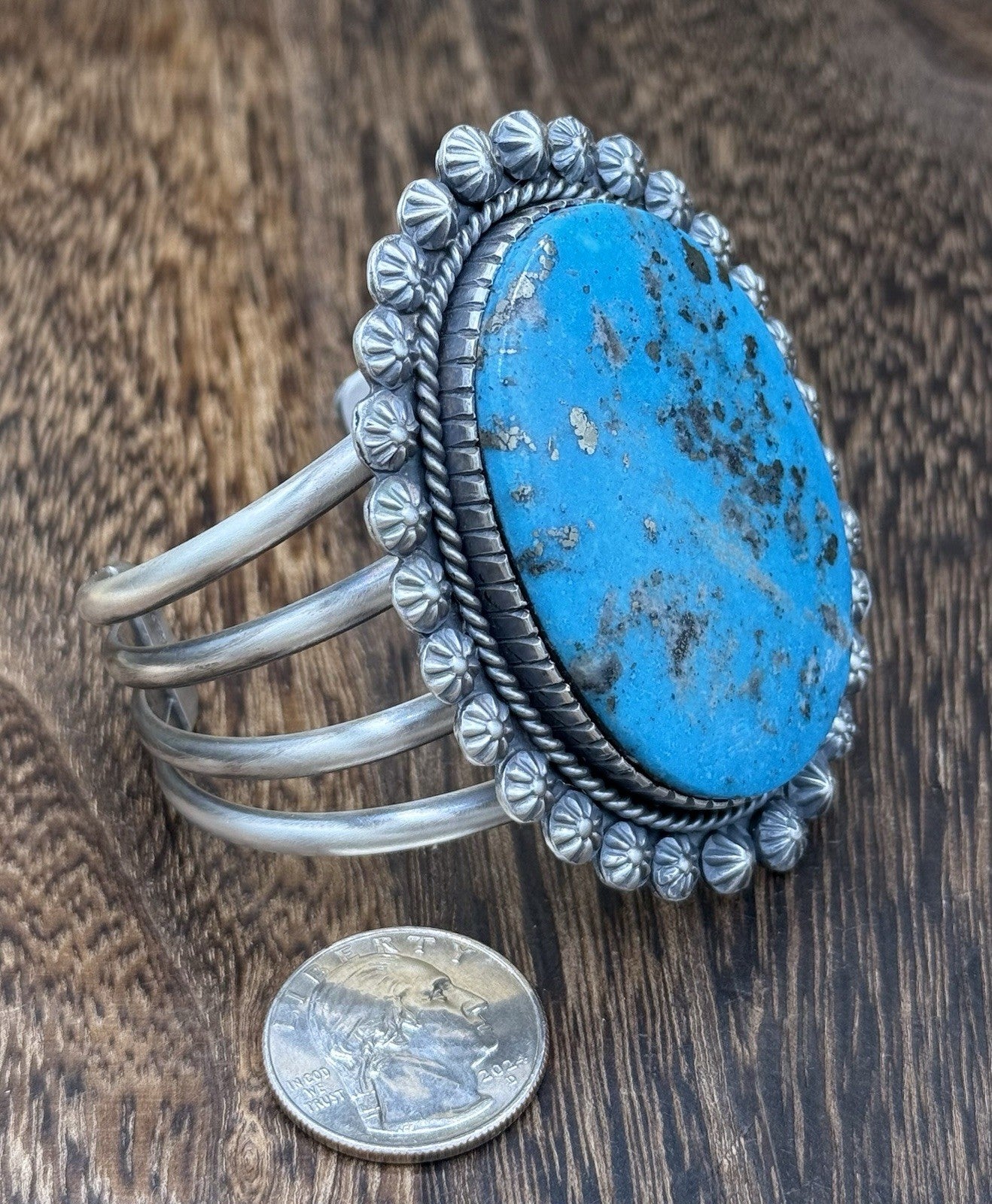 Native Navajo Handmade Sterling Silver Morenci Turquoise Old Look Cuff Bracelet