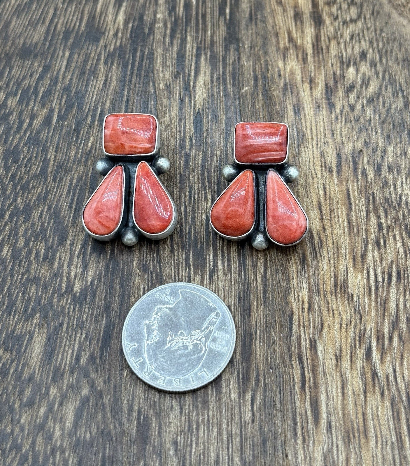 Navajo Handmade Sterling Silver Red Spiny Oyster Shell Post Cluster Earrings